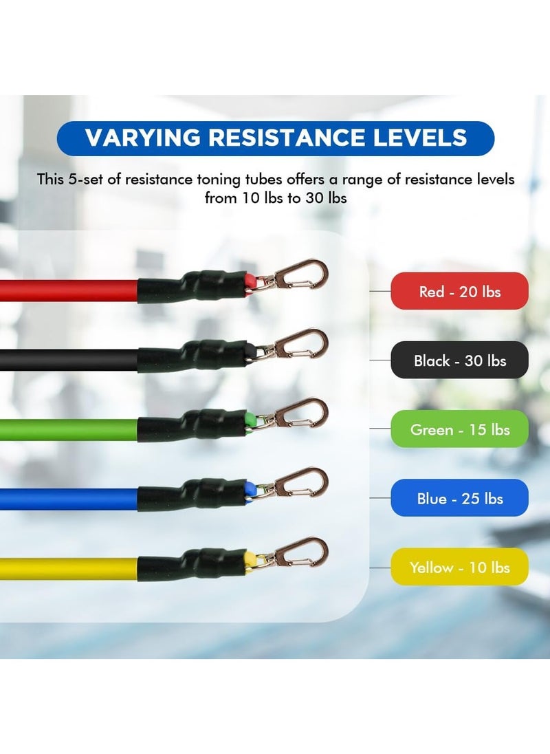 Toning Tubes Set of 5 with Different Resistance Levels | With Door Anchor, Handles, Waterproof Carry Bag, Leg Ankle Straps for Men and Women