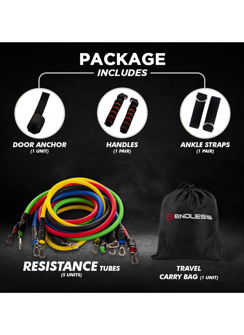 Toning Tubes Set of 5 with Different Resistance Levels | With Door Anchor, Handles, Waterproof Carry Bag, Leg Ankle Straps for Men and Women