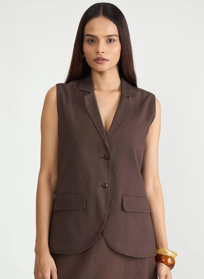 Femmella Longline Coffee Brown Button-Up Vest Blazer