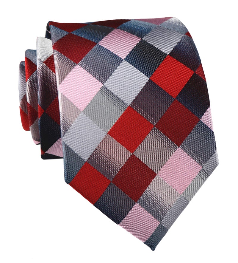 Elfeves Men's Classic Designer Plaid Ties Checks Patchwork Necktie Red Grey - Image 5