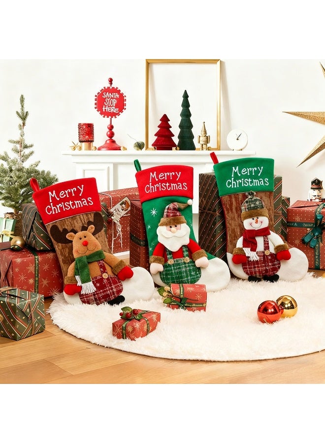 تابيت جوارب عيد الميلاد (3 قطع)، زينة سانتا كلوز، رجل الثلج والرنة، جوارب عائلية، زينة شجرة عيد الميلاد، أكياس هدايا لحفلات العائلة، ديكور منزلي - Image 3