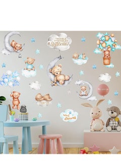 Excefore Bear Wall Decals Decor, Tedy Sleeping on The Moon and Stars Stickers for Kids Baby Room Decor Sweet Dream Hot Air Star Nursery Shower Kid Bedroom Playroom (Blue)  - Image 1