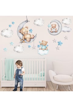 Excefore Bear Wall Decals Decor, Tedy Sleeping on The Moon and Stars Stickers for Kids Baby Room Decor Sweet Dream Hot Air Star Nursery Shower Kid Bedroom Playroom (Blue)  - Image 2