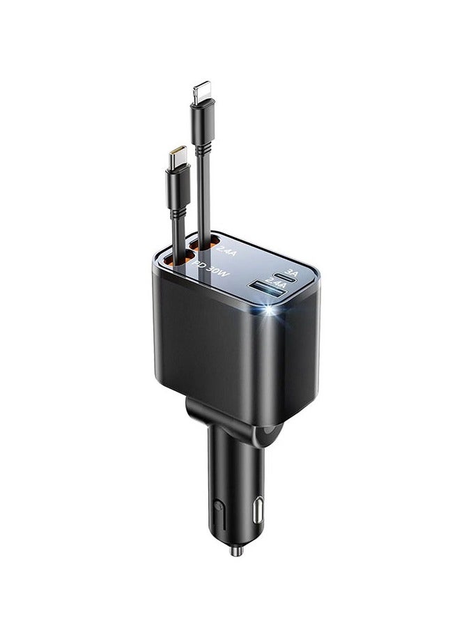 شاحن سيارة قابل للسحب، شاحن سيارة قابل للسحب 4 في 1 مع سلكين USB-C شاحن سيارة USB-C - Image 1