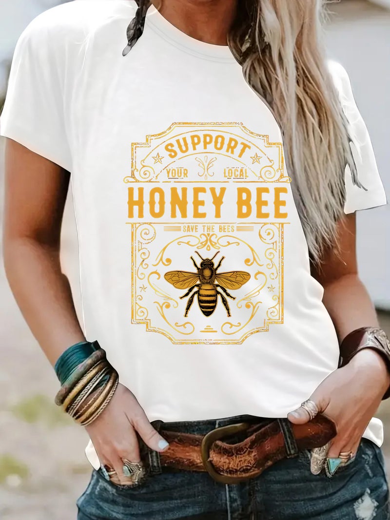 Crew Neck Fashion Honey Bee Top Women'S T-Shirt Loose Short Sleeve - Image 4