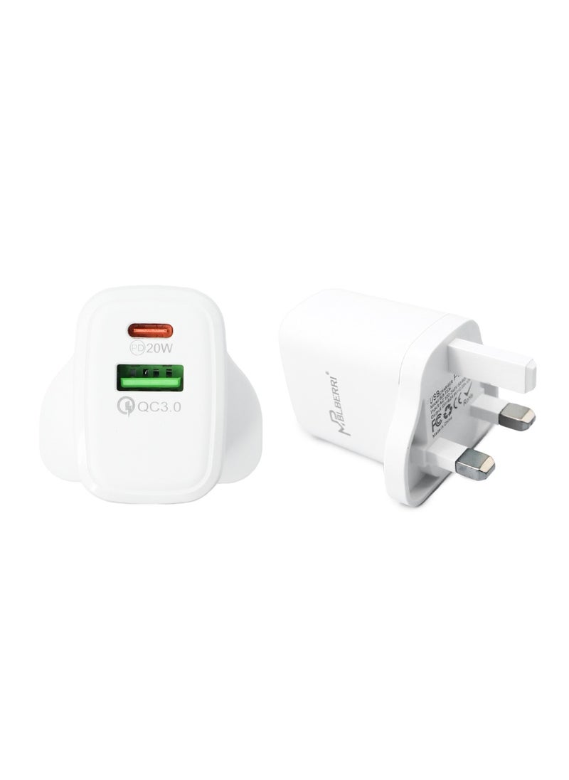 mpBLBERRI 20 Watt USB-A and USB-C PD Fast Charger With Lightning Cable mpBLBERRI BLB-T105  - Image 2