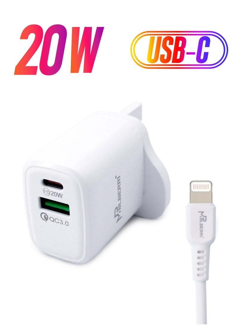mpBLBERRI 20 Watt USB-A and USB-C PD Fast Charger With Lightning Cable mpBLBERRI BLB-T105  - Image 1