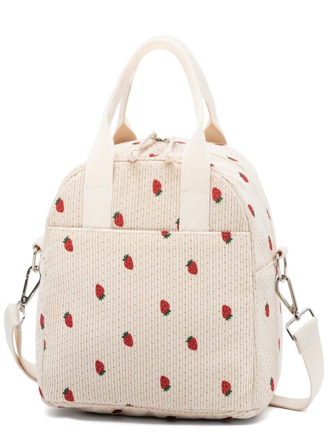 LOVELYWIND Crossbody Strawberry Lunch Bag for Women, Insulated Corduroy Tote with Adjustable Strap, Water Resistant Lunch Box for Work, Picnic, Travel or Beach, Beige Cream Reusable Lunch Box - Image 1