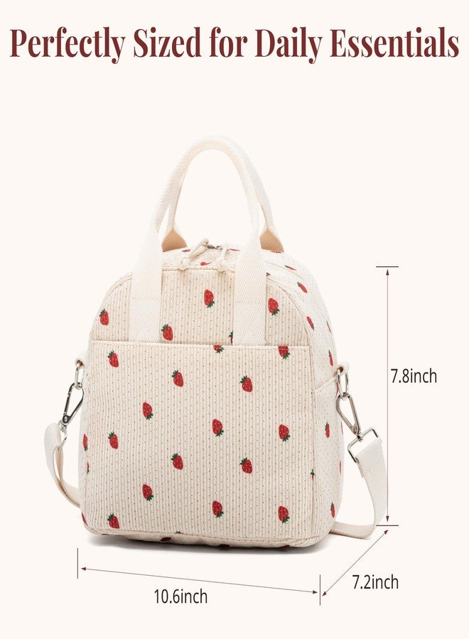 LOVELYWIND Crossbody Strawberry Lunch Bag for Women, Insulated Corduroy Tote with Adjustable Strap, Water Resistant Lunch Box for Work, Picnic, Travel or Beach, Beige Cream Reusable Lunch Box - Image 3