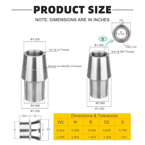 Joogto 3/4'' Heim Joint Rod End Kit, .750" Chromoly Joints Panhard Kit, 2 Set Left and Right Hand Thread with Tube Adapter and Jam Nut, 3/4'' Rod End Heim Joint for Steering Kit, Suspension, Traction Bars - Image 3
