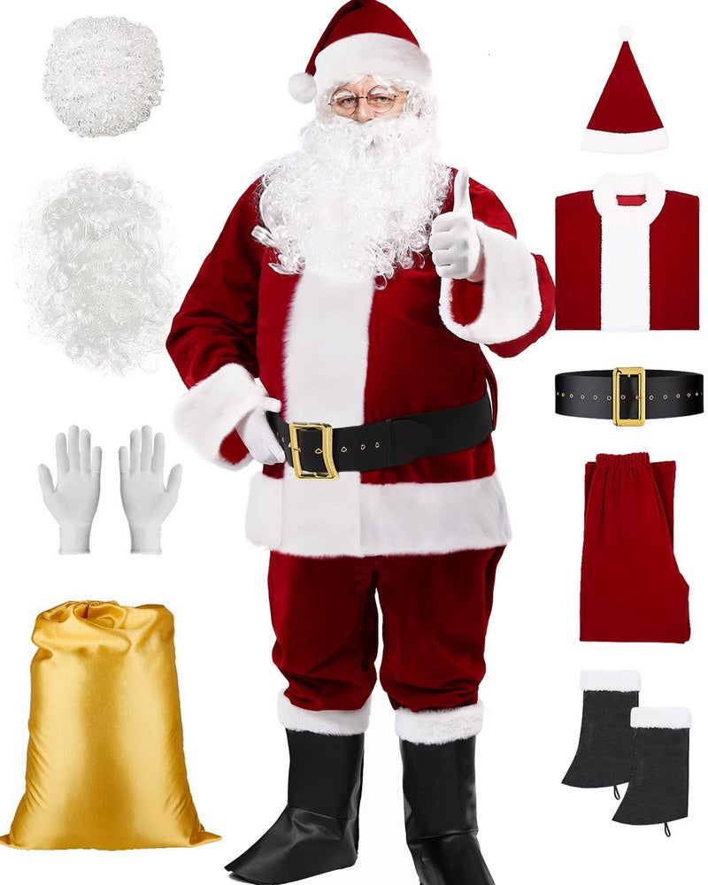 Mannice Santa Claus Costume Adult 9PCS Mens Deluxe Plush Santa Suit Christmas Santa Costume for Men Santa Outfit Set