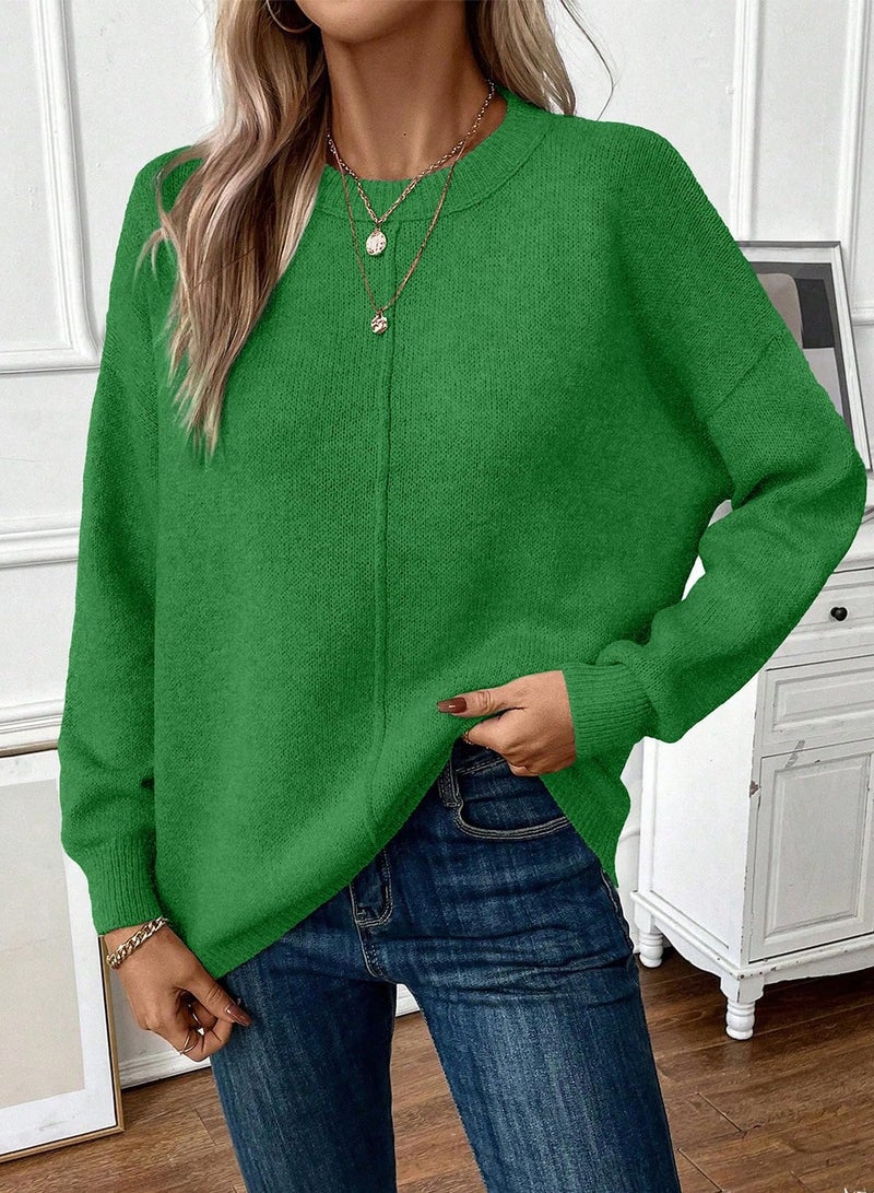 EVALESS Fall Sweaters for Women Trendy 2025 Cozy Crewneck Long Sleeve Loose Oversized Knit Pullover Jumper Tops Sea Green 2XL - Image 5