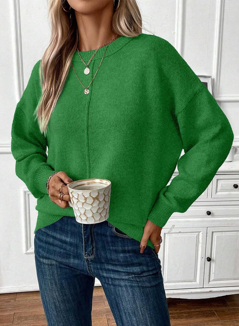 EVALESS Fall Sweaters for Women Trendy 2025 Cozy Crewneck Long Sleeve Loose Oversized Knit Pullover Jumper Tops Sea Green 2XL - Image 2