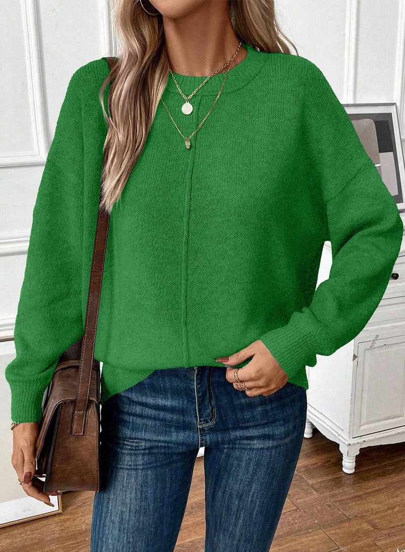 EVALESS Fall Sweaters for Women Trendy 2025 Cozy Crewneck Long Sleeve Loose Oversized Knit Pullover Jumper Tops Sea Green 2XL - Image 3
