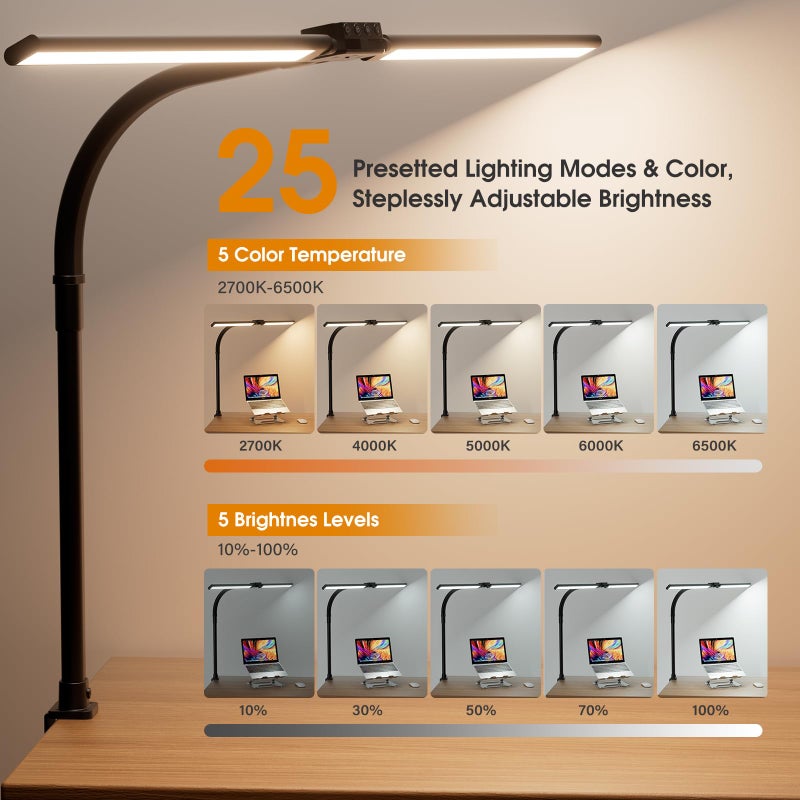 SIBRILLE LED Desk Lamp for Home Office - Dimmable Computer Desk Light with Clamp, Modern Architect Task Lamp with Color Changing, Flexible Desktop Lamp with Gooseneck for Monitor, Double Head, Black - Image 3