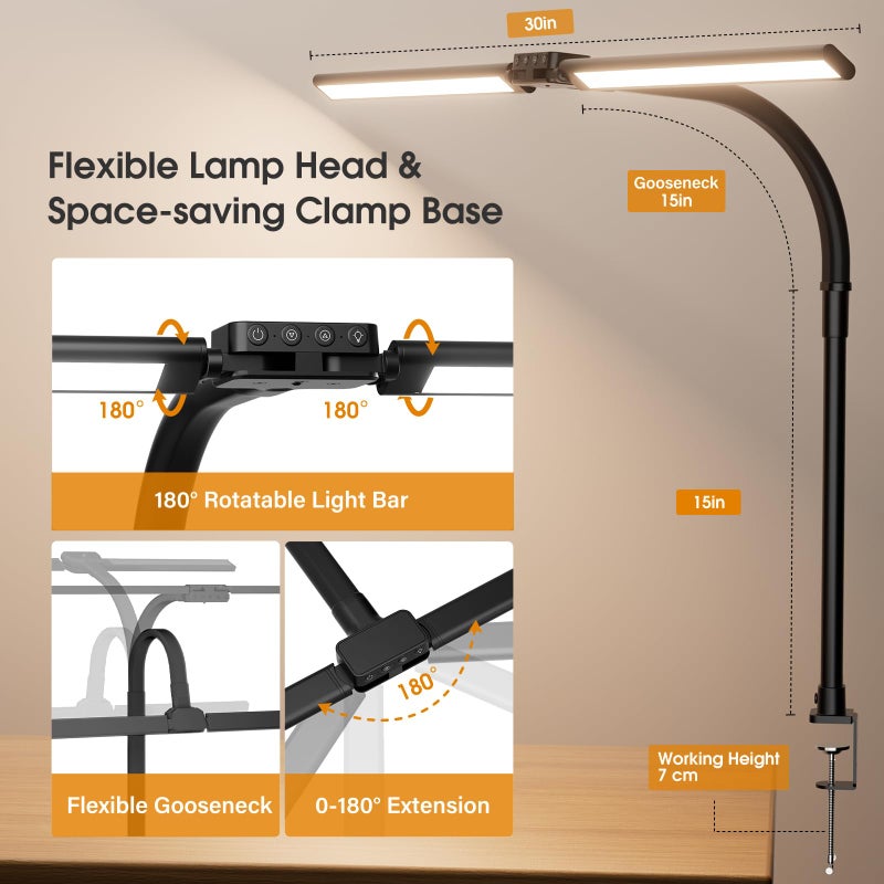 SIBRILLE LED Desk Lamp for Home Office - Dimmable Computer Desk Light with Clamp, Modern Architect Task Lamp with Color Changing, Flexible Desktop Lamp with Gooseneck for Monitor, Double Head, Black - Image 4