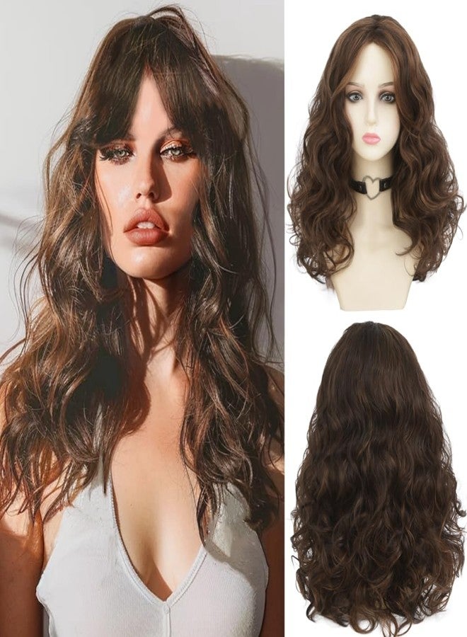 Dai Cloud Long Brown Curly Wigs for Womens Dark Brown Wig with Bangs Women Long Kinky Curly Wig Naturel Hair Wigs for Daliy Party Use - Image 1