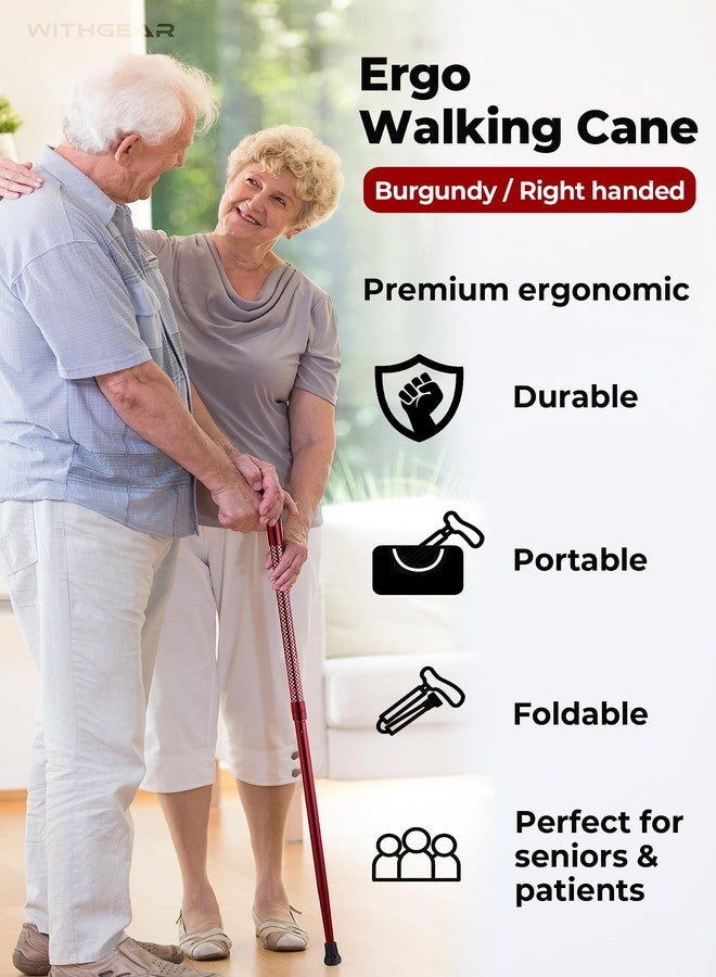 Withgear Ergonomic Walking Cane for Men & Women - Foldable & Adjustable Walking Stick with Lightweight Duralumin, Shock-Absorbing Lock (Right-Handed Grip, Burgundy) - Image 2