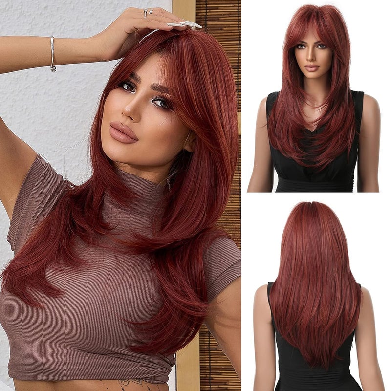 Esmee Long Straight Wine Red Wigs for Women Synthetic Layered Burgundy Synthetic Hair Wig with Fringe for Daily Party Cosplay Use20 Inches