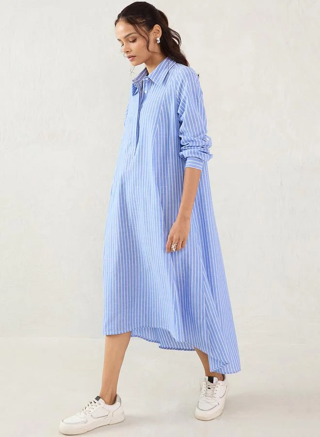 Femmella Femmella Blue Striped Asymmetric A-Line Maxi Dress