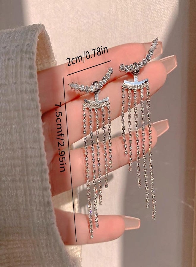 اتش تي اتش أقراط فضية طويلة مزينة بشرابة مرصعة بأحجار الراين اللامعة، مناسبة لحفلات الزفاف، هدية مثالية للنساء والفتيات (A، فضي) - Image 5