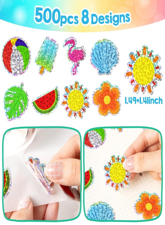 Kirako 500Pcs Summer Stickers Roll for Kids Holographic Hawaiian Luau Tropical Beach Self-Adhesive Decals Seasonal Party Favors DIY Crafts Teacher Rewards Gifts for Water Bottles Scrapbooking Decoration - Image 2
