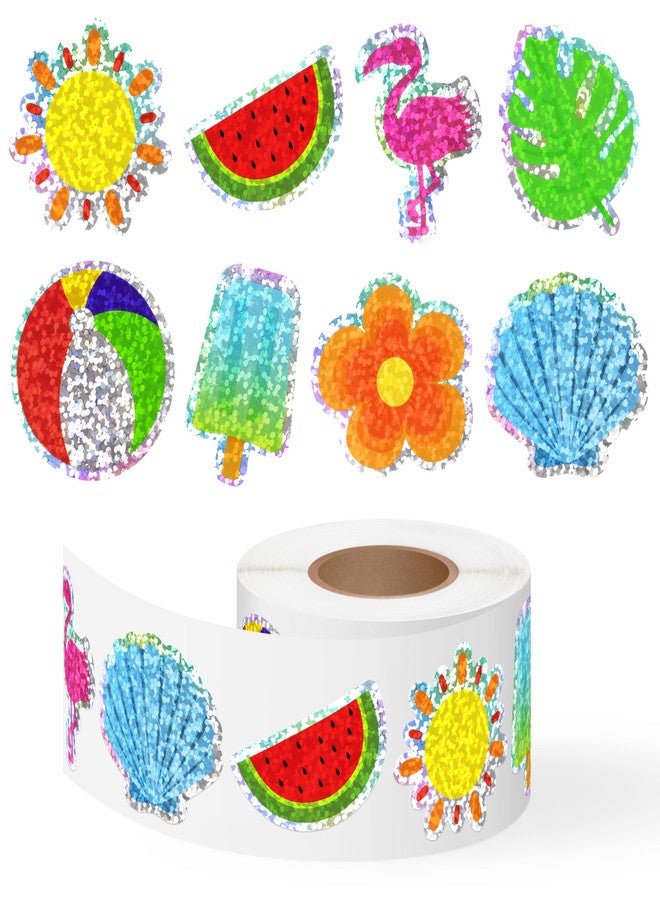 Kirako 500Pcs Summer Stickers Roll for Kids Holographic Hawaiian Luau Tropical Beach Self-Adhesive Decals Seasonal Party Favors DIY Crafts Teacher Rewards Gifts for Water Bottles Scrapbooking Decoration - Image 1
