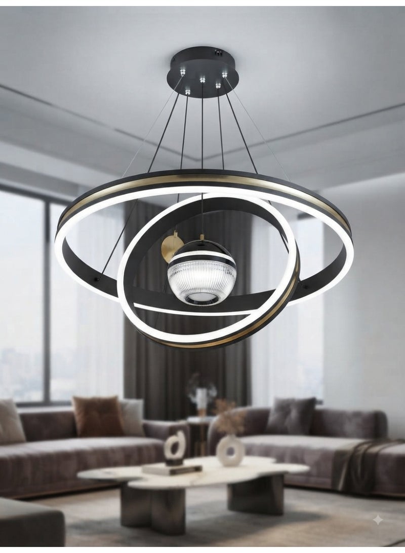 Modern Suspended Chandelier, Double Circular Design, Black and Gold, Integrated LED Light - Image 1