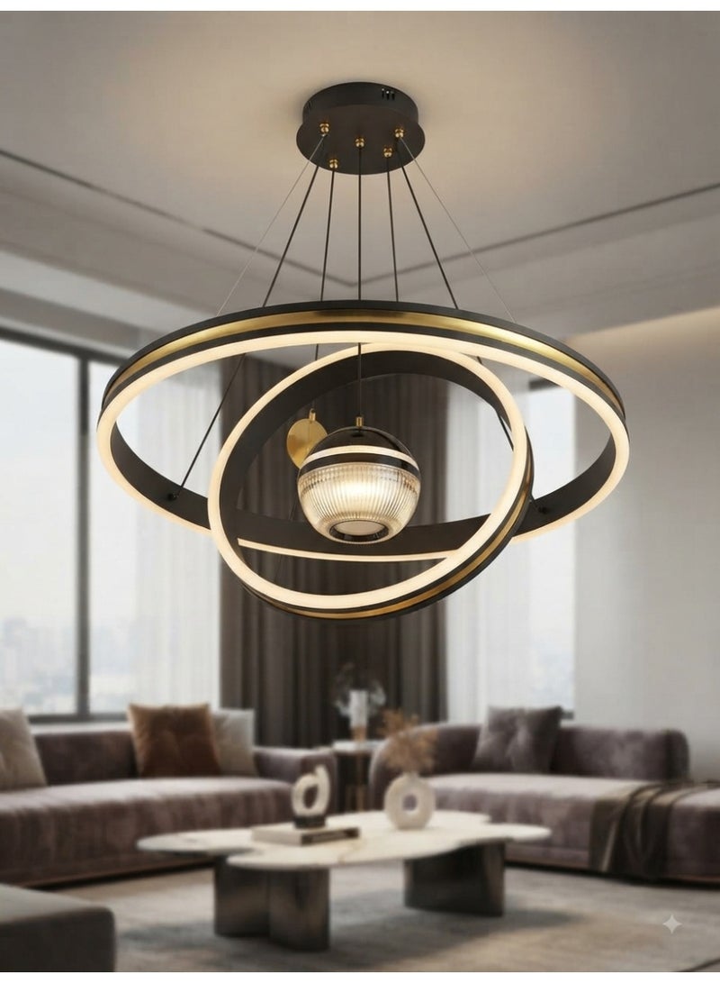 Modern Suspended Chandelier, Double Circular Design, Black and Gold, Integrated LED Light - Image 2