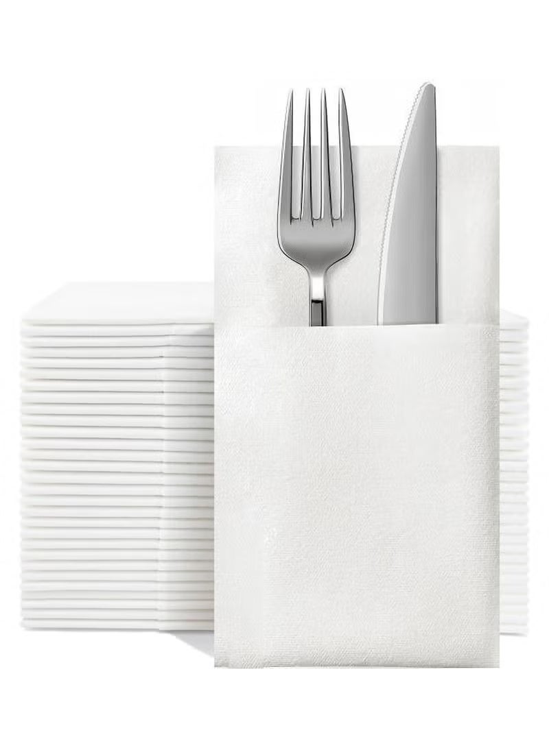 50PCS Disposable Cloth Like Napkins, Dinner Napkins Cloth Like with Built-in Flatware Pocket, Wedding Party Linen Feel White Napkin - Image 1