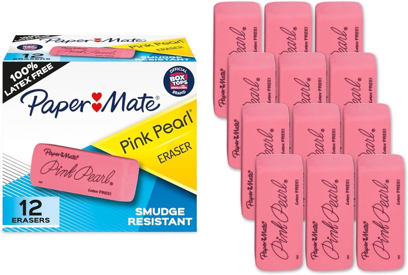 Papermate Erasers, Pink Pearl, 12 Count - Latex Free and Smudge Resistant, Back to School, Teacher Supplies - Image 1