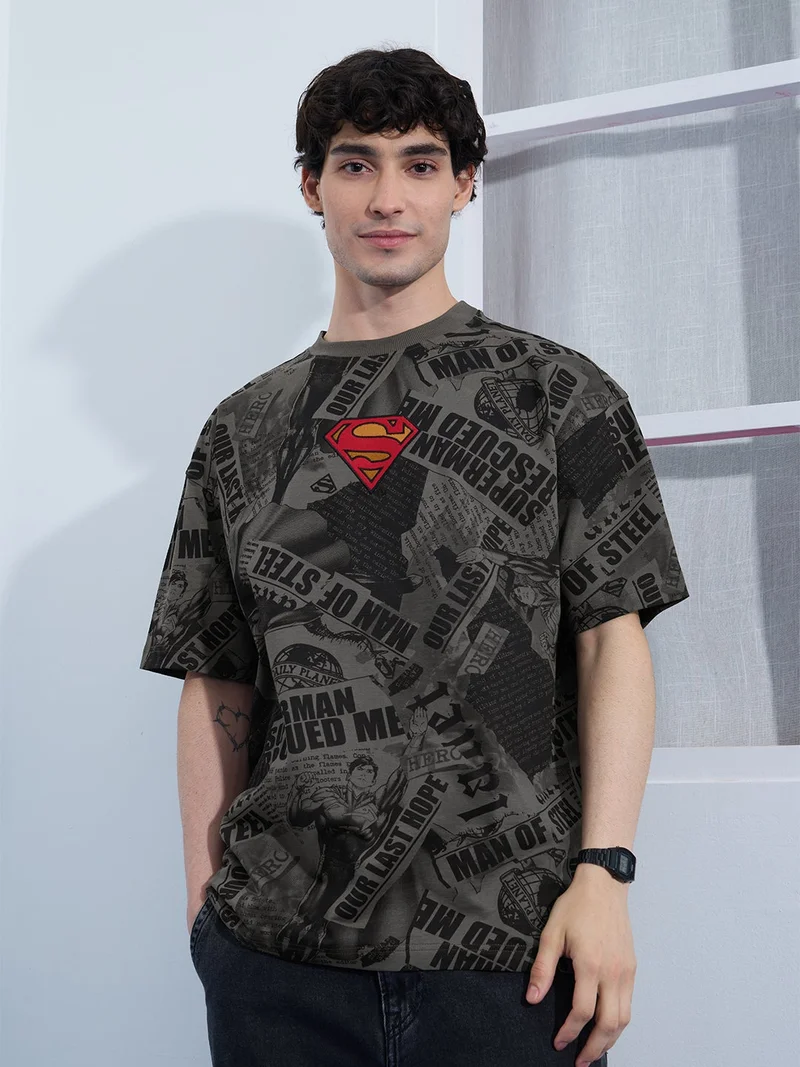 ذا سوليد ستور The Souled Store Superman: Men and Boys Short Sleeves Round Neck Grey Graphic Printed Cotton Oversized T-Shirts