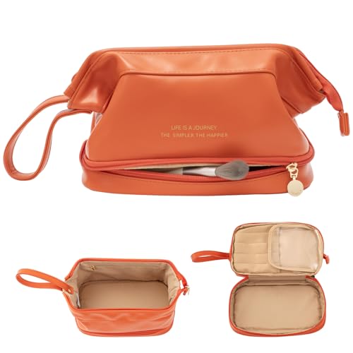 Abiudeng Large Makeup Bag for WomenTravel Makeup Organizer with Brush Holder Dopp Kit EssentialsWaterproof Lozenge Cosmetic Bag for TravelingMulti CompartmentCuteSpacious Capacityorange - Image 2