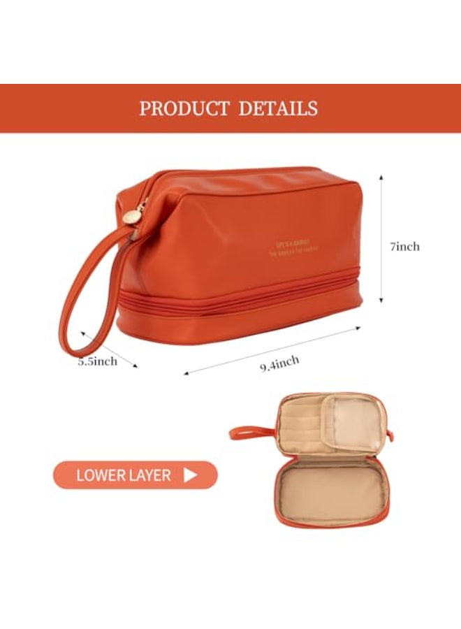 Abiudeng Large Makeup Bag for WomenTravel Makeup Organizer with Brush Holder Dopp Kit EssentialsWaterproof Lozenge Cosmetic Bag for TravelingMulti CompartmentCuteSpacious Capacityorange - Image 4