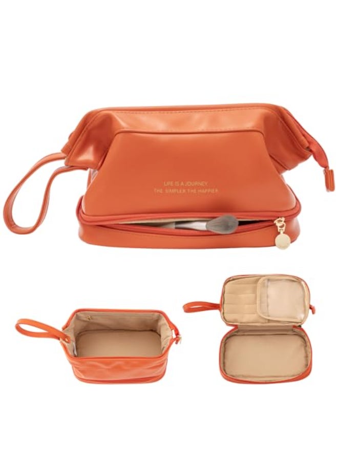 Abiudeng Large Makeup Bag for WomenTravel Makeup Organizer with Brush Holder Dopp Kit EssentialsWaterproof Lozenge Cosmetic Bag for TravelingMulti CompartmentCuteSpacious Capacityorange - Image 1