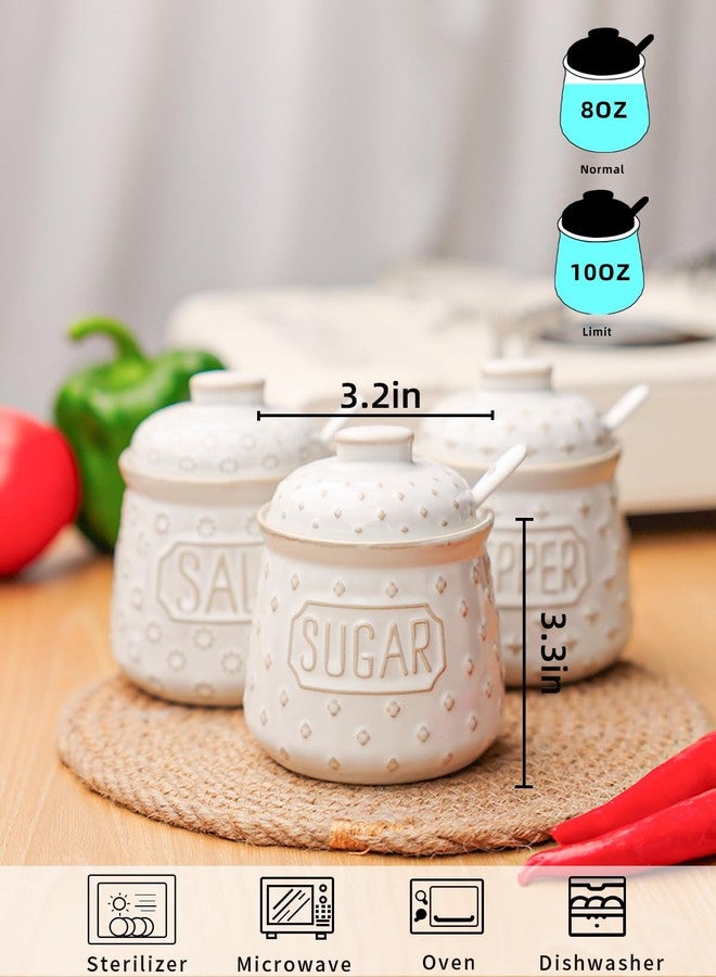 GDCZ 10 Oz Sugar Pepper and Salt Bowls with Lid and Spoon, Ceramics Seasoning Container, Seasoning Jar Spice Container for Kitchen,Dishwasher Safe, Set of 3 (White) - Image 2