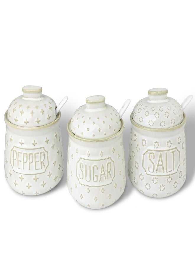GDCZ 10 Oz Sugar Pepper and Salt Bowls with Lid and Spoon, Ceramics Seasoning Container, Seasoning Jar Spice Container for Kitchen,Dishwasher Safe, Set of 3 (White) - Image 1