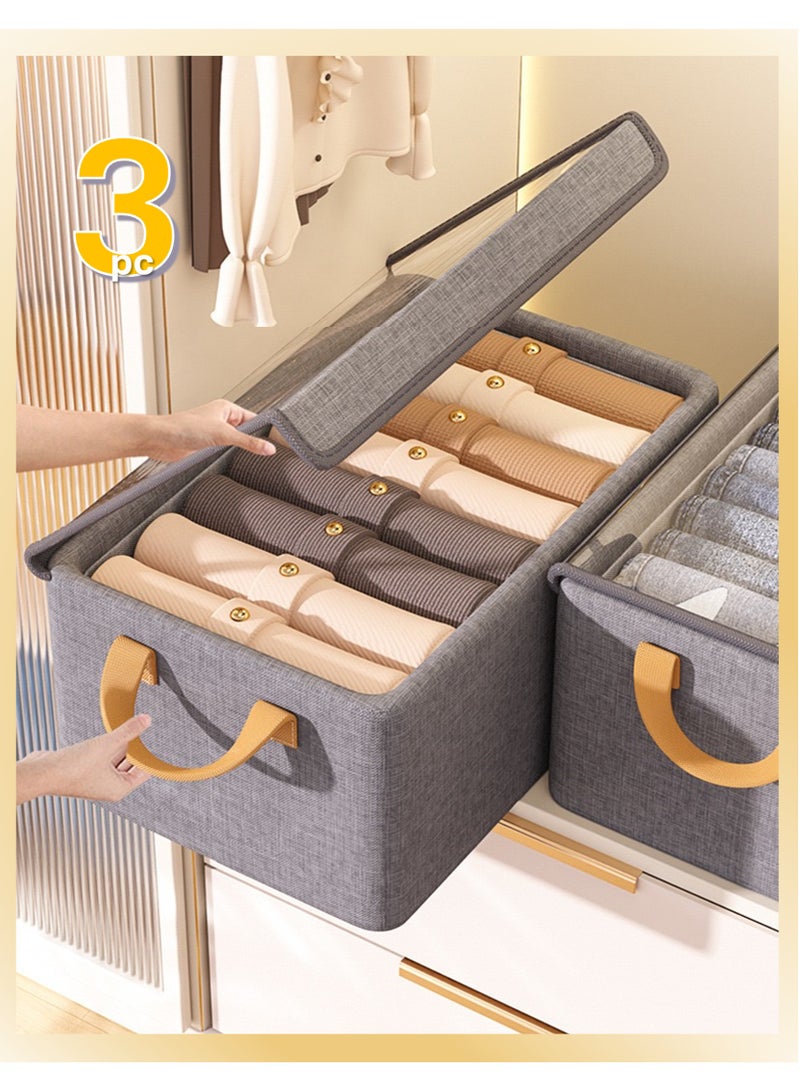 JOYYE 3 pcs Foldable Dustproof Cloth Storage Box with Transparent Cover & Steel-frame Structure & Handle | Washable Closet Drawer Organizer | Premium Fabric Baskets Bins Dividers, Using For Clothes Socks Underwear Accessories Pajamas Baby Cloths Diapers Towels in Home Office Bedroom (47*28*20cm, Grey) - Image 1
