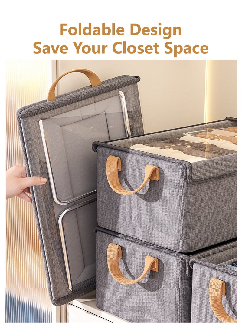 JOYYE 3 pcs Foldable Dustproof Cloth Storage Box with Transparent Cover & Steel-frame Structure & Handle | Washable Closet Drawer Organizer | Premium Fabric Baskets Bins Dividers, Using For Clothes Socks Underwear Accessories Pajamas Baby Cloths Diapers Towels in Home Office Bedroom (47*28*20cm, Grey) - Image 5