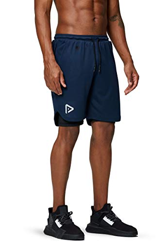 Pinkbomb Men's 2 in 1 Running Shorts Gym Workout Quick Dry Mens Shorts with Phone Pocket (Navy Blue, X-Large) - Image 4