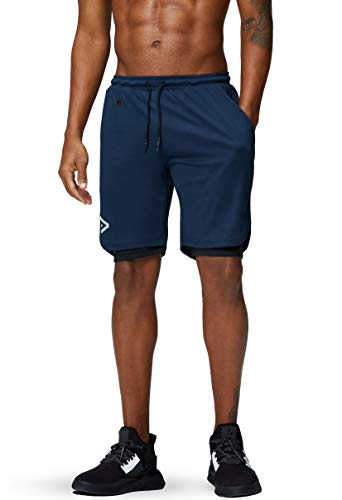Pinkbomb Men's 2 in 1 Running Shorts Gym Workout Quick Dry Mens Shorts with Phone Pocket (Navy Blue, X-Large) - Image 3