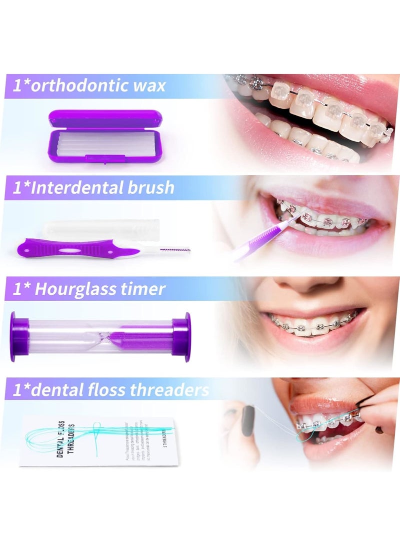 SYOSI Braces Cleaning Kit, 8 Pack Orthodontic Care Kit Orthodontic Toothbrush Travel Toothbrush Brush Ortho Wax Floss, Oral Mirror Dental Floss Threaders, Hourglass Timer Included (Purple)  - Image 4