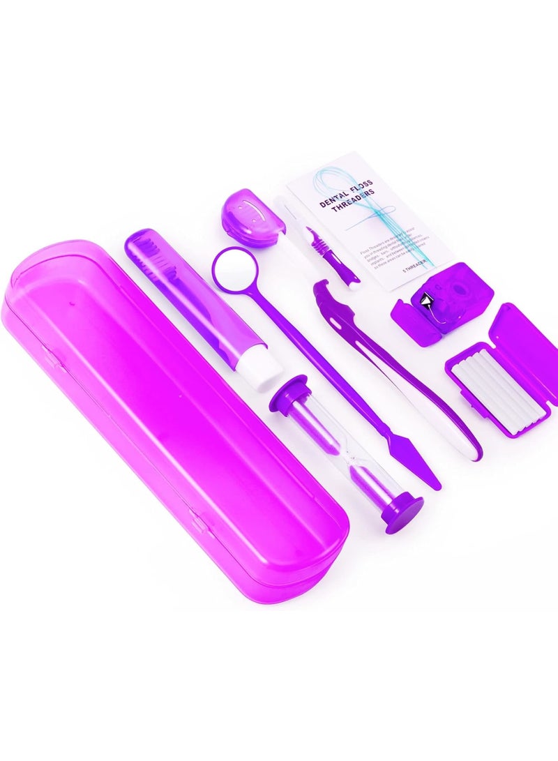 SYOSI Braces Cleaning Kit, 8 Pack Orthodontic Care Kit Orthodontic Toothbrush Travel Toothbrush Brush Ortho Wax Floss, Oral Mirror Dental Floss Threaders, Hourglass Timer Included (Purple)  - Image 1