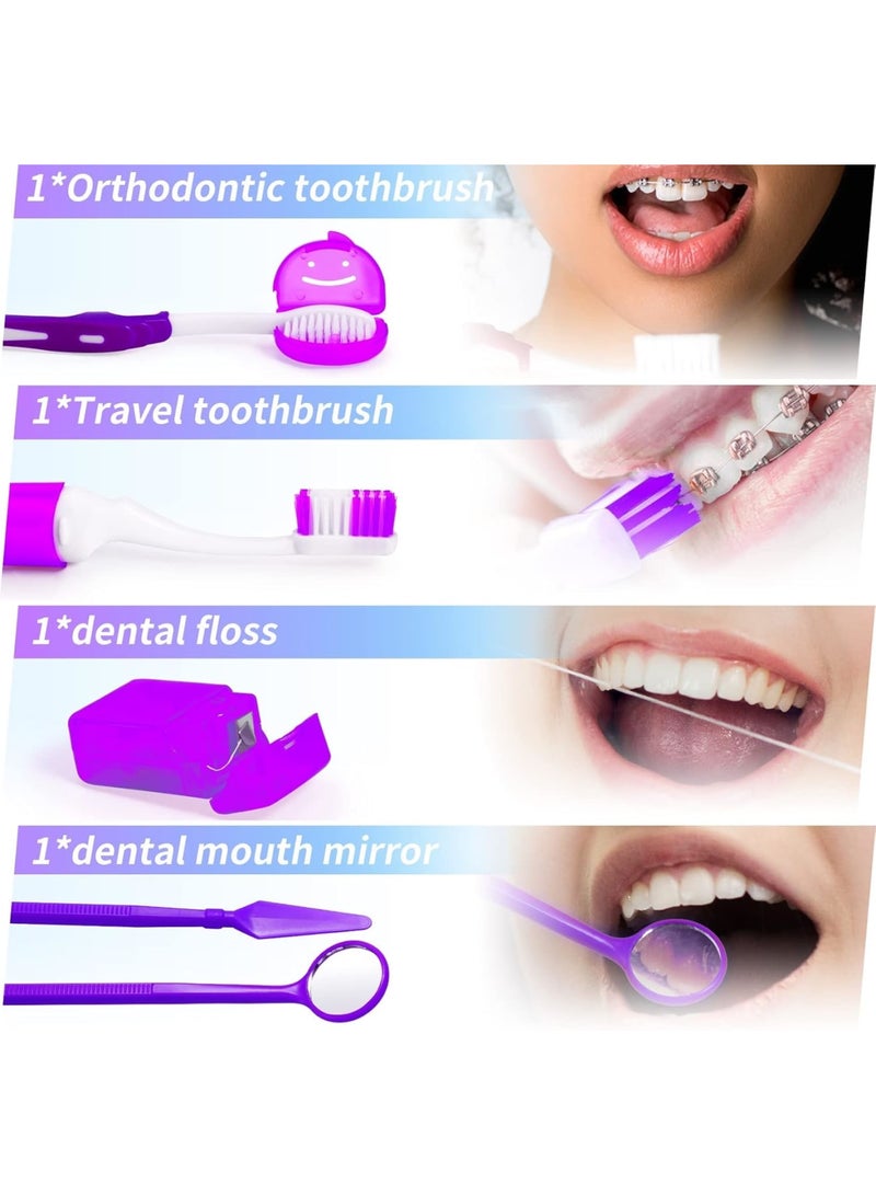 SYOSI Braces Cleaning Kit, 8 Pack Orthodontic Care Kit Orthodontic Toothbrush Travel Toothbrush Brush Ortho Wax Floss, Oral Mirror Dental Floss Threaders, Hourglass Timer Included (Purple)  - Image 3
