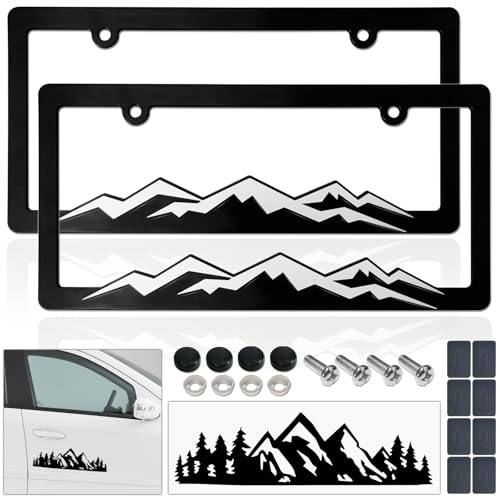 BGGTMO Mountain License Plate Frames White on Black Mountain Raised Plastic Black Car Tag Holder Bracket with Screws Caps 2 Packs 2 Hole with Mountain Vinyl Sticker - Image 1