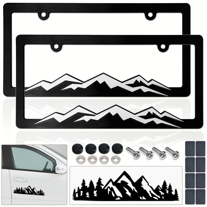 BGGTMO Mountain License Plate Frames White on Black Mountain Raised Plastic Black Car Tag Holder Bracket with Screws Caps 2 Packs 2 Hole with Mountain Vinyl Sticker - Image 2