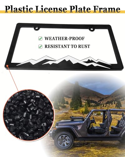 BGGTMO Mountain License Plate Frames White on Black Mountain Raised Plastic Black Car Tag Holder Bracket with Screws Caps 2 Packs 2 Hole with Mountain Vinyl Sticker - Image 3