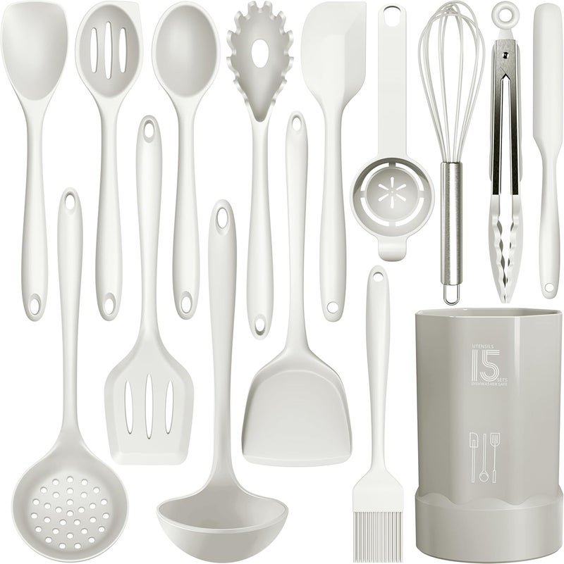 AOTHOD Silicone Cooking Utensils Set - 446°F Heat Resistant Silicone Kitchen Utensils,Spatula,Spoon, Kitchen Utensil Sets Gadgets Tools Set for Nonstick Cookware,Dishwasher Safe Bpa Free (Cream White) - Image 1