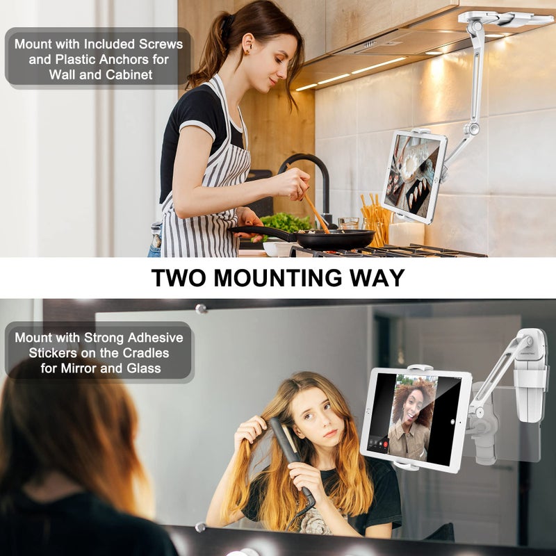 AboveTEK Under Cabinet iPad Mount, 3 in 1 Highflex 360Â° iPads Wall Mount for Kitchen, Tablet Celling Under Counter Holder, Kitchen Tablet Mount Fits 4.7" to 13.5" iPad, mini, Air, Surface Pro - White - Image 3