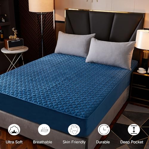 Pangzi Solid Flannel Plush Bedding Fitted Sheet,Velvety Soft Heavyweight Non-Slip Protective Cover for Bed Mattress (Twin, Blue) - Image 2